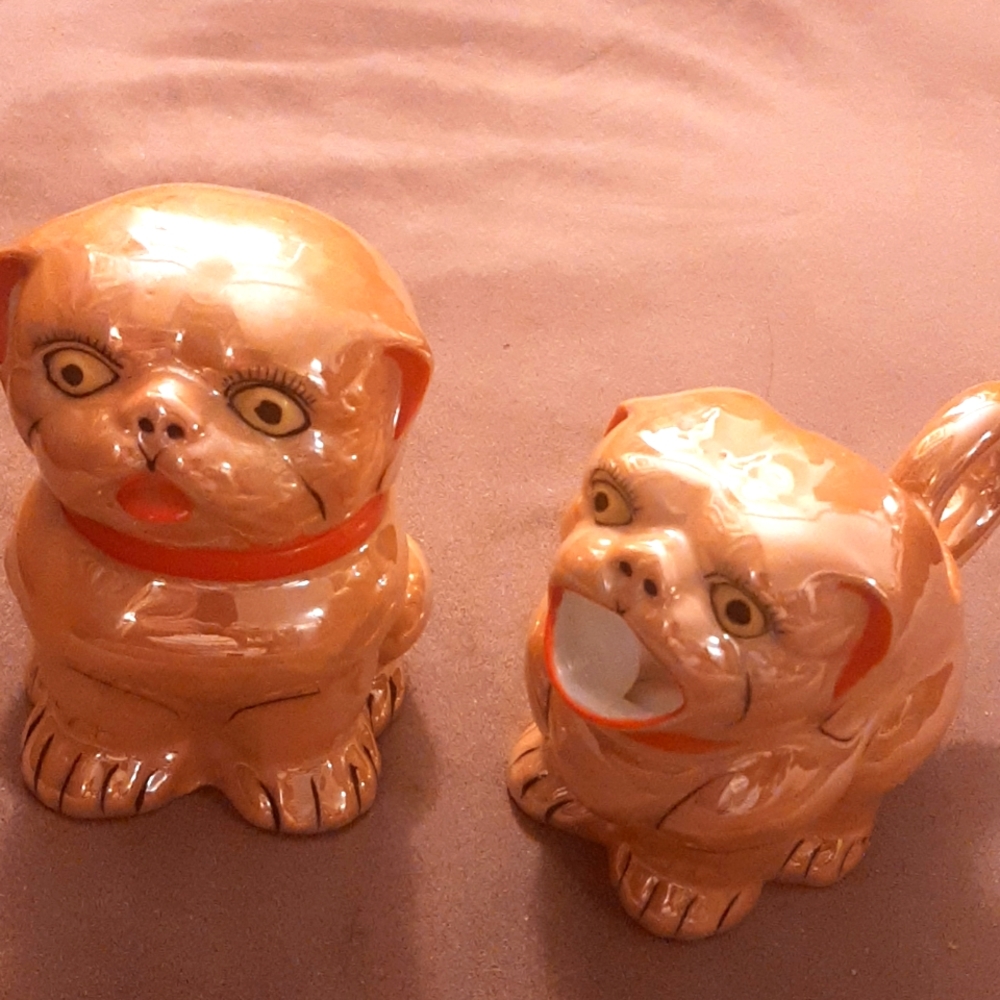 Antique Japanese luster bull dog cream & sugar